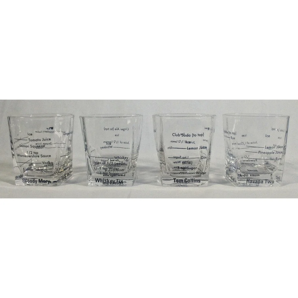 Set of 4 Kikkerland Rocks Glasses Cocktail Recipes Rum Whiskey Gin Vodka